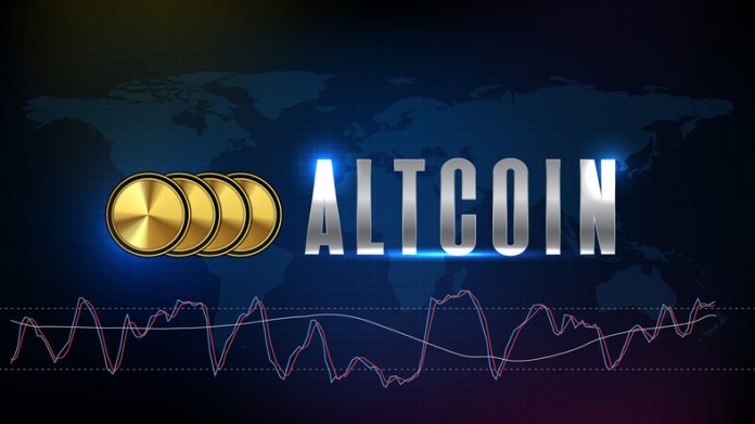 abstract futuristic technology background of altcoin digital cryptocurrency and stochastic market graph volume indicator