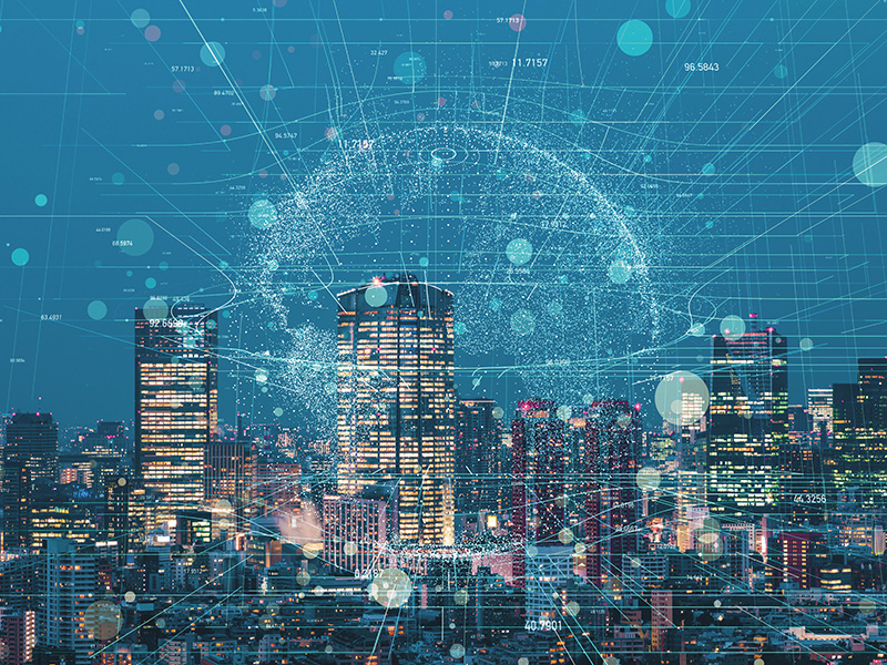 Modern cityscape and communication network concept.
