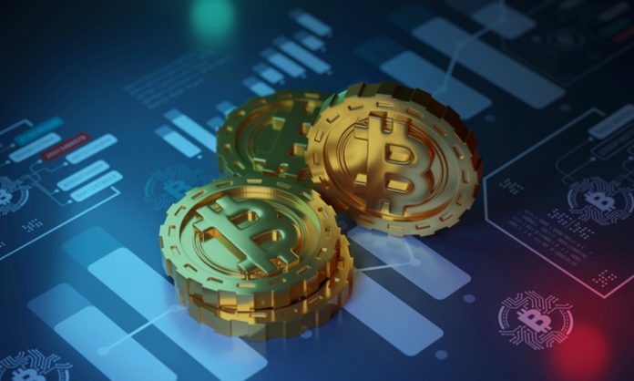 Crypto currency gold bitcoin, future blockchain trading for investment, 3d rendering