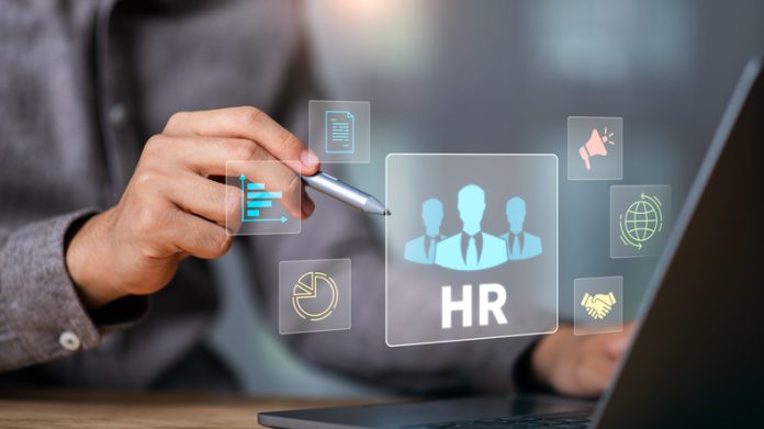 Digital HR interface with icons showing employee analytics, recruitment strategy, global connectivity, performance data, and teamwork solutions, illustrating modern human resources management. Open Source HR Tools