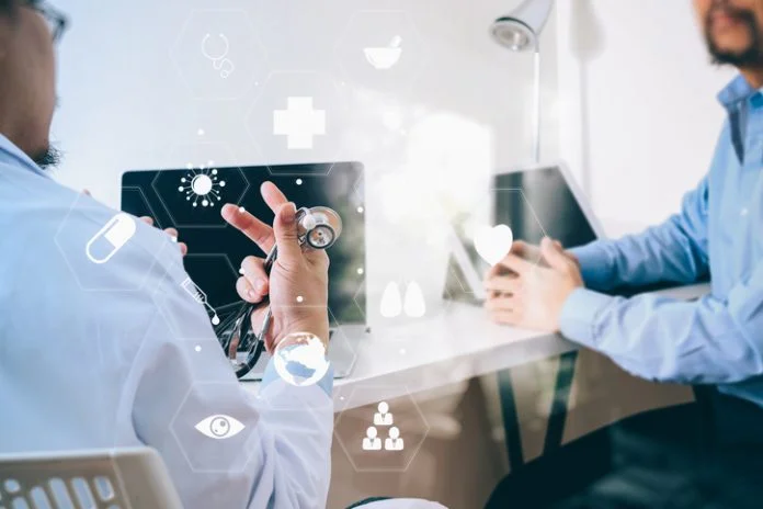 Medical doctor in white uniform gown coat consulting businessman patient having exam as Hospital professionalism concept