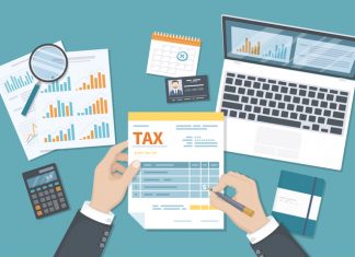 Tax payment concept. State Government taxation, calculation of tax return. Man fills the tax form, documents, calendar, calculator, laptop. Pay the bills, invoices, payrolls. Vector illustration.