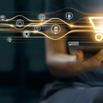 The Checkout Experience Is Crucial For eCommerce Growth: Shopify Plus Can Help Online shopping and payment, Man using tablet with shopping cart icon, Digital marketing, Banking and finance on dark blue background.