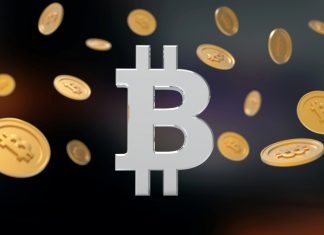 Bitcoin symbol surrounded by bitcoins falling from above -3D Illustration