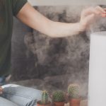 Healthy air. The humidifier distributes steam in the living room. Woman keeps hand over vapor.