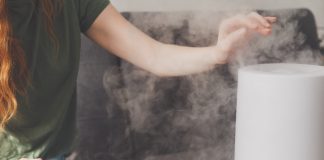 How to Buy the Best Ultrasonic Humidifier Healthy air. The humidifier distributes steam in the living room. Woman keeps hand over vapor.