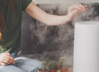 Healthy air. The humidifier distributes steam in the living room. Woman keeps hand over vapor.
