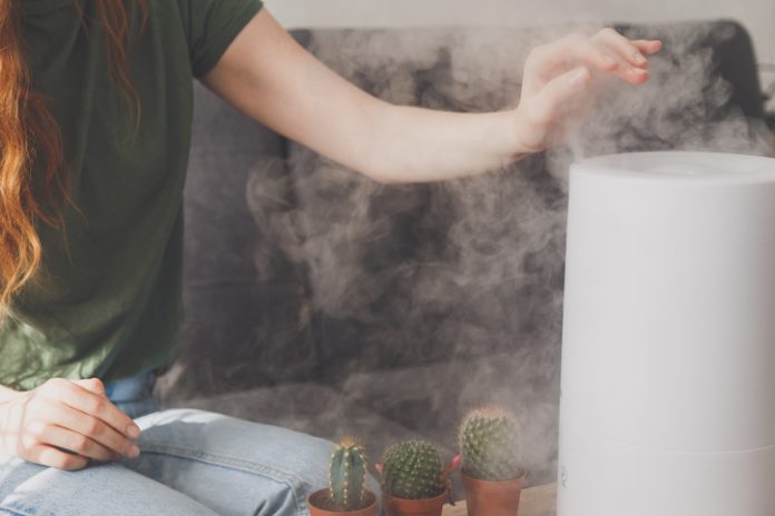 Healthy air. The humidifier distributes steam in the living room. Woman keeps hand over vapor.