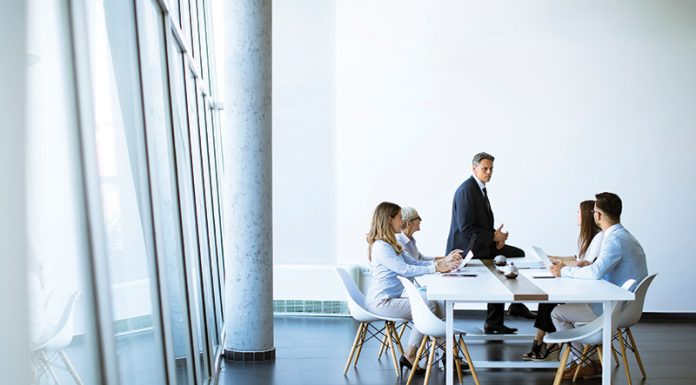 Group of business people with young adults and senior woman colleague on meeting at the modern bright office interior