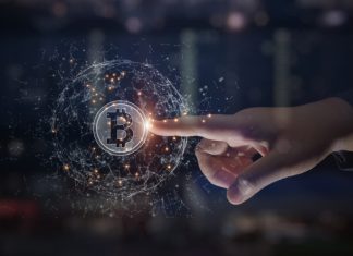 Hands touch bitcoin blockchain cryptocurrency digital encryption, Digital money exchange, Technology global network connections background concept.