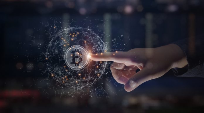 Hands touch bitcoin blockchain cryptocurrency digital encryption, Digital money exchange, Technology global network connections background concept.