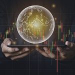 A man with tablet and a hand holding a globe graphic and stock chart Investment concepts, business concepts, technology concepts.