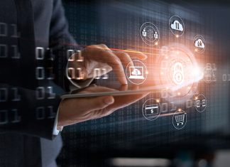 Businessman using tablet and lock icon with customer network connection and exchange data on virtual screen, business security and cyber attack concept