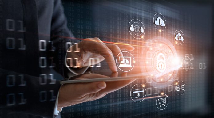 Businessman using tablet and lock icon with customer network connection and exchange data on virtual screen, business security and cyber attack concept