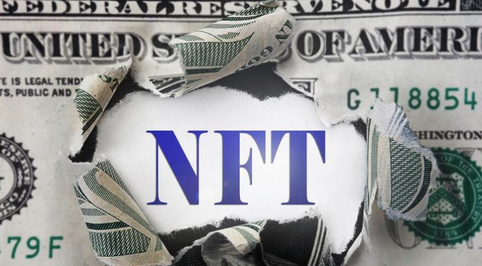 NFT ( Non-Fungible Token ) text in a torn dollar bill