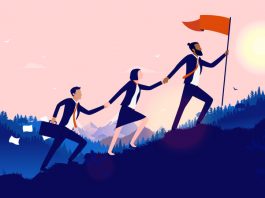 4 Simple Ways to Improve Your Leadership Skills Teamwork diversity - A small group of businesspeople walking up hill to plant flag at the top