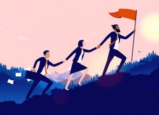 4 Simple Ways to Improve Your Leadership Skills Teamwork diversity - A small group of businesspeople walking up hill to plant flag at the top