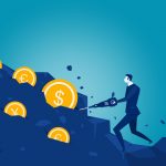 What is Miner Extractable Value (MEV)? illustrator Businessman digging tool in the rock with coin vector .