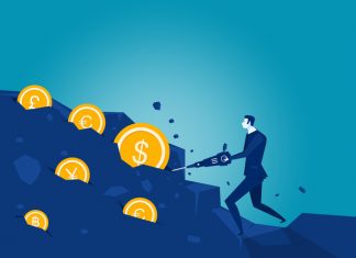 What is Miner Extractable Value (MEV)? illustrator Businessman digging tool in the rock with coin vector .