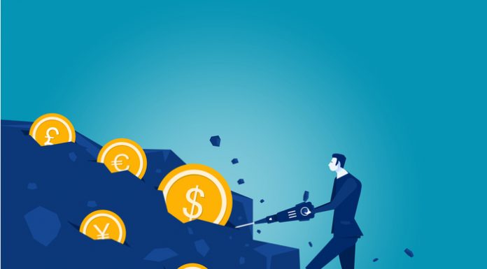 illustrator Businessman digging tool in the rock with coin vector .