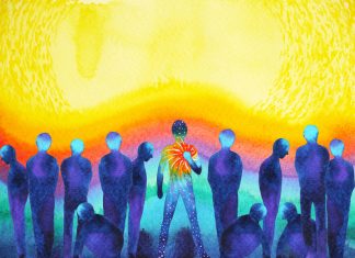 man with positive power and universe light watercolor painting abstract art