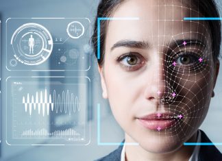 Device Privacy Support for Retailers in Today’s Smart Home Authentication by facial recognition concept. Biometric. Security system.