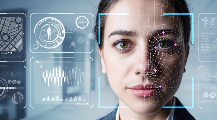 Device Privacy Support for Retailers in Today’s Smart Home Authentication by facial recognition concept. Biometric. Security system.