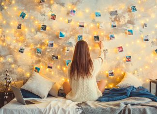 Young woman weekend at home decorated bedroom nostalgia