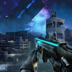3d render illustration of sci-fi first person shooter game with soldier hands holding futuristic weapon.