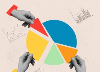 Collage, business concept. Composition with human hands control, taking pieces of muclticolored diagram isolated on light background.