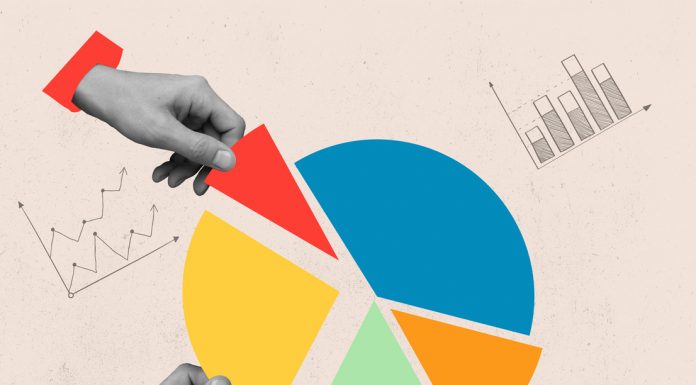 Collage, business concept. Composition with human hands control, taking pieces of muclticolored diagram isolated on light background.