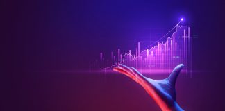 Businessman holding investment finance chart stock market business and exchange financial growth graph virtual technology economy digital analysis on success background with marketing data diagram.