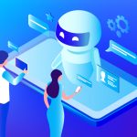 Ai Chat bot technology concept, people chatting with robot, asking questions and receiving answers. AI assistant support vector illustration