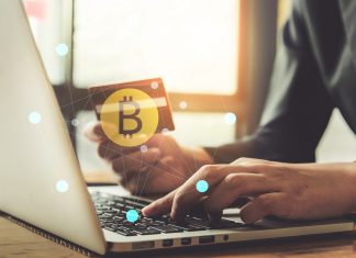 internet banking network and cryptocurrency concept. Man hand using credit card for trade cryptocurrency.