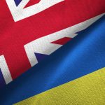 Ukraine and United Kingdom two flags together realations textile cloth fabric texture