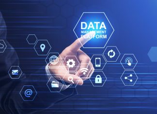 Data Management Platform. Businessman Pressing Button On Screen With Multimedia Icons, Collage
