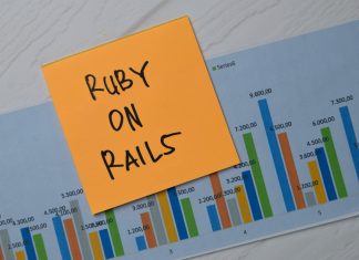 Ruby On Rails write on sticky notes with graphic on the paper isolated on office desk.