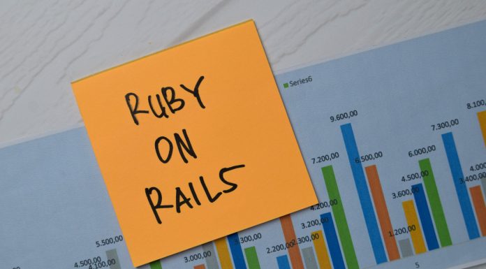Ruby On Rails write on sticky notes with graphic on the paper isolated on office desk.