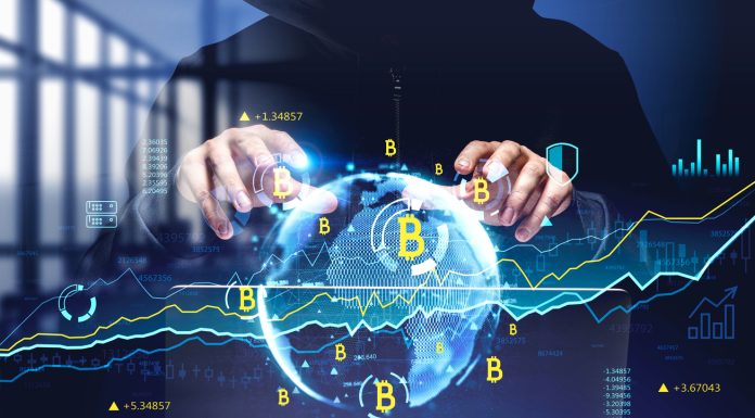 Front view of hacker in virtual office room stealing information. Internet, innovation and cyber attack concept. Cryptocurrency and bitcoin decentralized economy. Double exposure