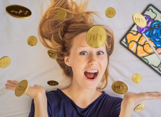 How to trade NFT tokens? NFT Young woman, a digital artist, creates digital art on a tablet at home and shows a coin with the inscription NTF - non fungible token. Remote work, digital nomad, digital painting, animation, video