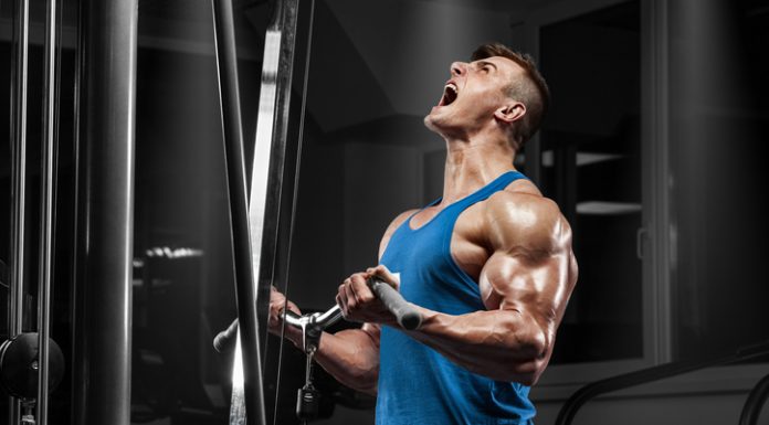 Muscular man working out in gym doing exercises at biceps, strong male