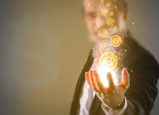 making money with bitcoin - Bitcoins coming from business man's hand
