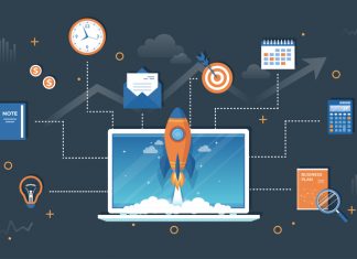 Business project startup, financial planning, idea, strategy, management, realization and success. Rocket launch from laptop screen, business plan, notes, clock, target, money, bulb, calendar Vector