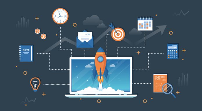 How to Optimize Your Website Performance Business project startup, financial planning, idea, strategy, management, realization and success. Rocket launch from laptop screen, business plan, notes, clock, target, money, bulb, calendar Vector