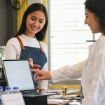 Customer self service order drink menu with tablet screen.