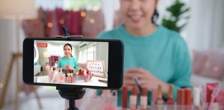 Asia woman micro influencer record live viral video camera at home studio. Happy fun talk speak advice review hobby in media. Vlogger selfie shoot enjoy work show smile teach like share app.