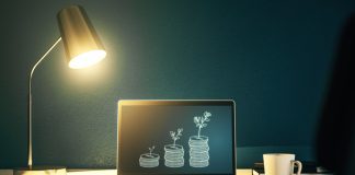 Creative abstract money savings sketch on modern laptop monitor, accumulation and growth of money concept. 3D Rendering