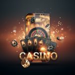 Smartphone with playing cards, chips and roulette, black-gold background. Concept of online gambling, online casino. Copy space. 3D illustration, 3D render.