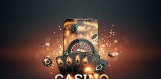 Smartphone with playing cards, chips and roulette, black-gold background. Concept of online gambling, online casino. Copy space. 3D illustration, 3D render.