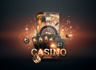 Looking at the Evolution of Mobile Casinos Smartphone with playing cards, chips and roulette, black-gold background. Concept of online gambling, online casino. Copy space. 3D illustration, 3D render.